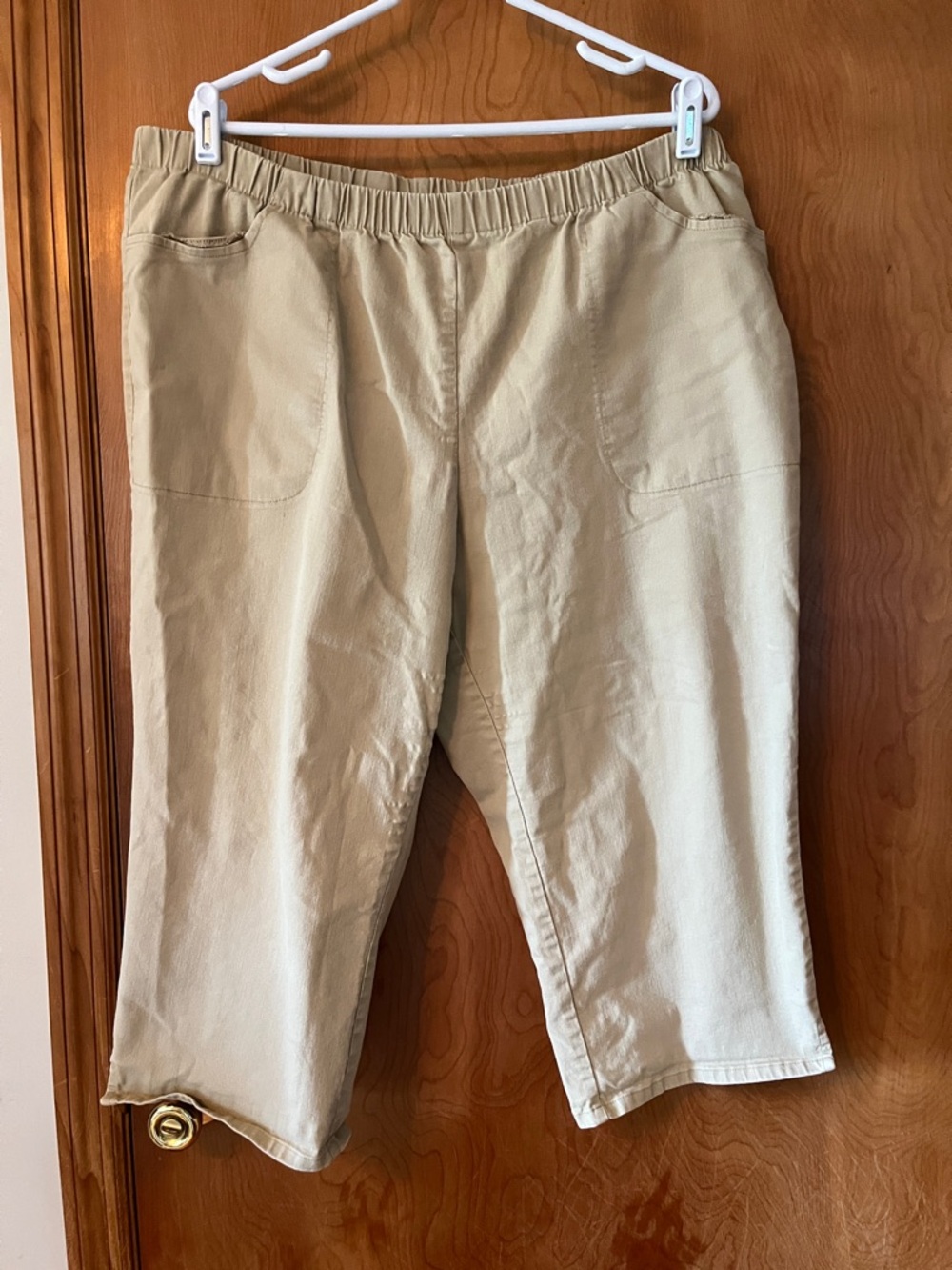 Woman Within Khaki Elastic-Waist Pull-On Capris with Front Patch Pockets